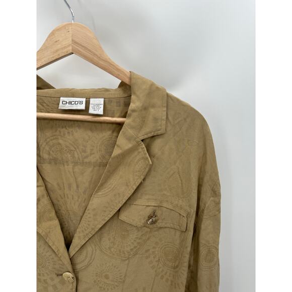 Chico's Soybean Fiber Cream Tan Printed Button Down Light Jacket Shirt Large - Picture 3 of 6